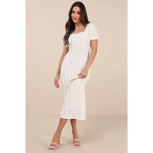 NEW Lulus Typical Cutie Ivory Textured Puff Sleeve Midi Dress White
